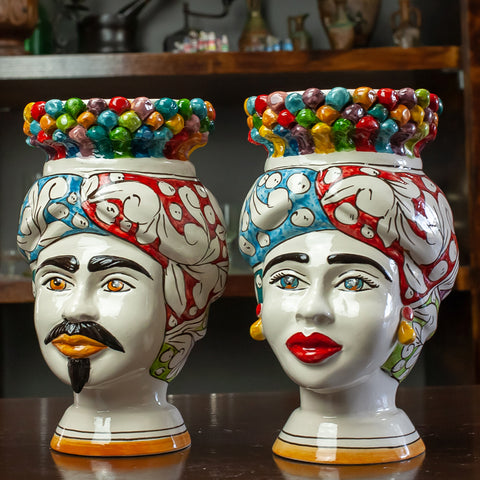 BROWN HEADS IN SICILIAN CERAMIC FROM CALTAGIRONE CROWN PIGNA MULTICOLOR H.22 CM