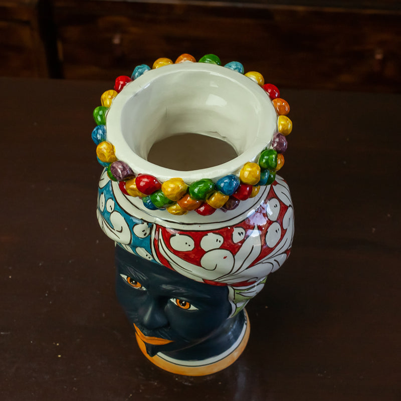 TESTE DI MORO IN CERAMICA SICILIANA DI CALTAGIRONE CORONA PIGNA MULTICOLOR H. 22 CM
