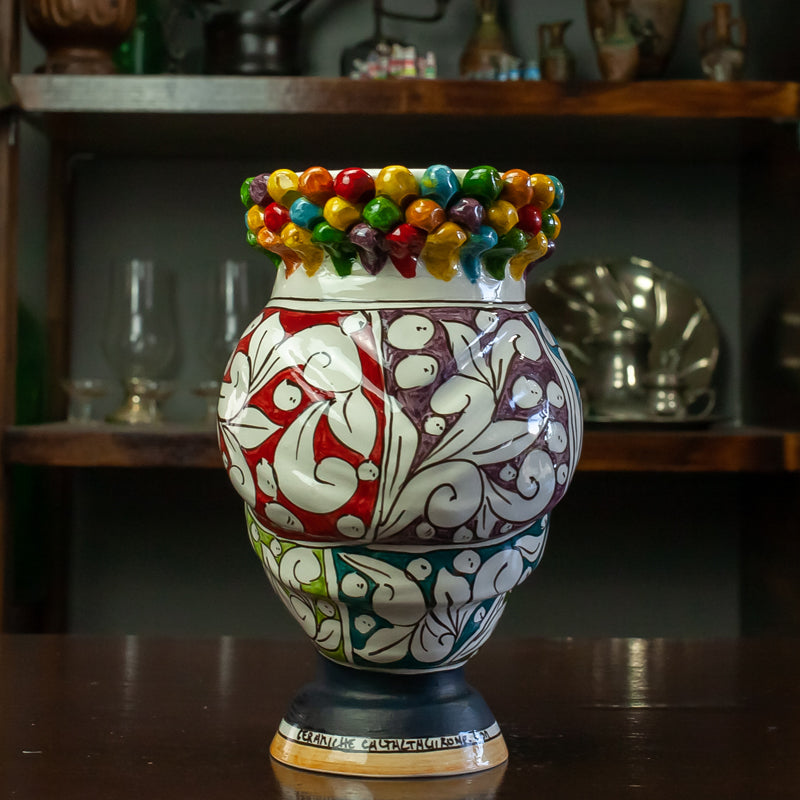 TESTE DI MORO IN CERAMICA SICILIANA DI CALTAGIRONE CORONA PIGNA MULTICOLOR H. 22 CM