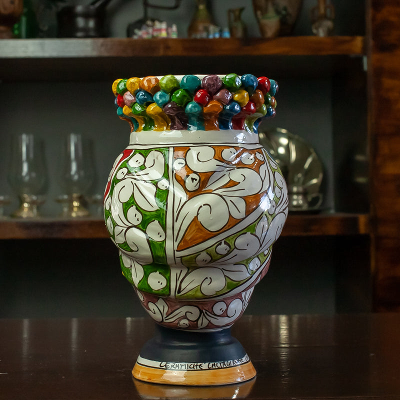 TESTE DI MORO IN CERAMICA SICILIANA DI CALTAGIRONE CORONA PIGNA MULTICOLOR H. 22 CM