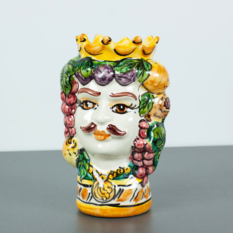 Coppia Teste di Moro in ceramica Siciliana Frutta H. 13 cm