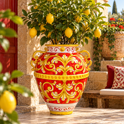 Giara Siciliana in Ceramica di Caltagirone Ornato Rosso – H 75 x L 66 cm