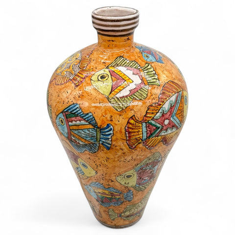 Vaso in ceramica arancione con pesci dipinti a mano – H.53 x L.30 cm
