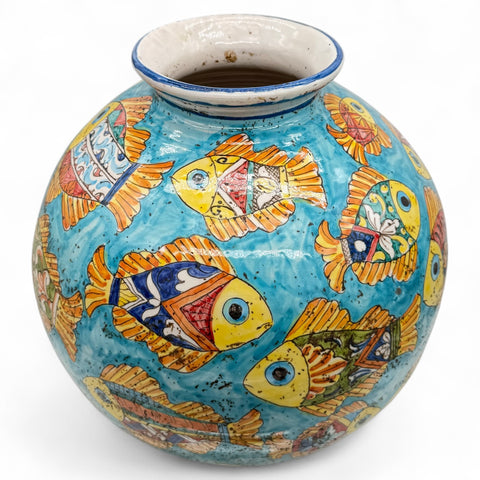 Vaso in ceramica maestoso con pesci colorati dipinti a mano – H.43 x L.43 cm
