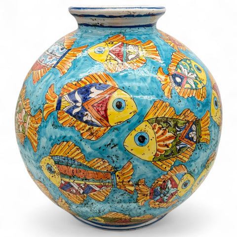 Vaso in ceramica maestoso con pesci colorati dipinti a mano – H.43 x L.43 cm
