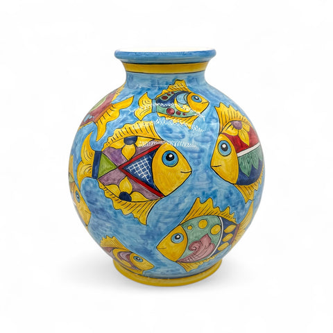 Vaso in ceramica artigianale con pesci colorati dipinti a mano – H.30 x L.28 cm
