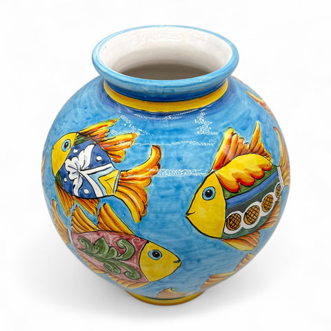 Vaso in ceramica artigianale dipinto a mano con pesci colorati – H.37 x L.33 cm