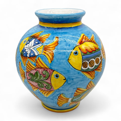 Vaso in ceramica artigianale dipinto a mano con pesci colorati – H.37 x L.33 cm
