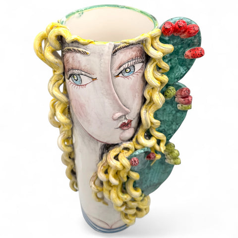 Vaso viso donna in ceramica artigianale dipinto a mano H.54 x L.28 cm
