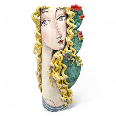 Vaso viso donna in ceramica artigianale dipinto a mano H.54 x L.28 cm