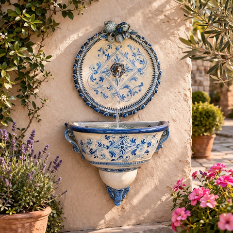 Fontana Murale Ceramiche Caltagirone Frutta Blu Antico 100 cm