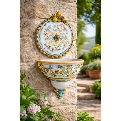 Fontana Murale Ceramiche Caltagirone Frutta Giallo Antico h. cm 100