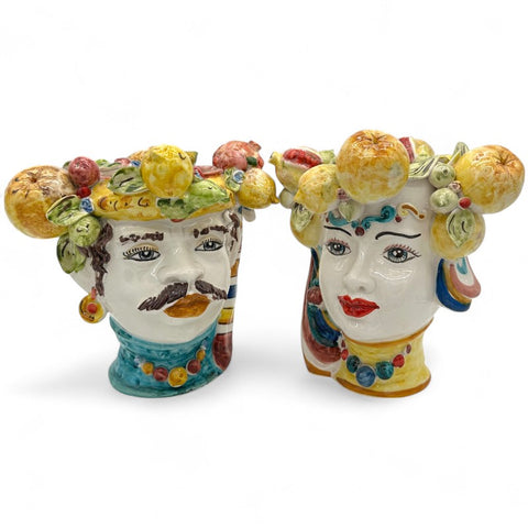 Coppia Teste di Moro con Frutta - Ceramica Artistica Siciliana L30 x H29 cm