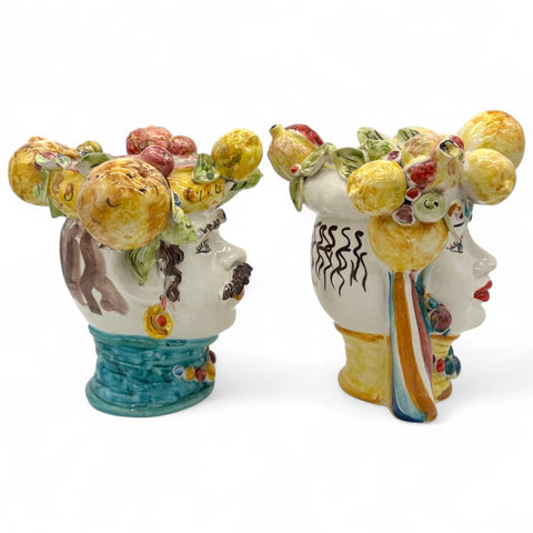 Coppia Teste di Moro con Frutta - Ceramica Artistica Siciliana L30 x H29 cm