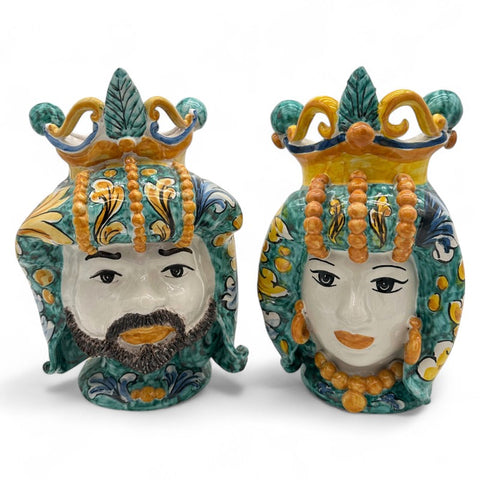 Coppia Teste di Moro in Ceramica Verde Barocco - Uomo e Donna | H.28 x L.20 cm