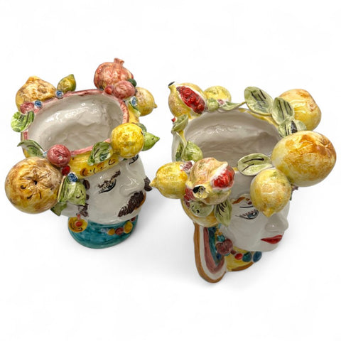 Coppia Teste di Moro con Frutta - Ceramica Artistica Siciliana L30 x H29 cm