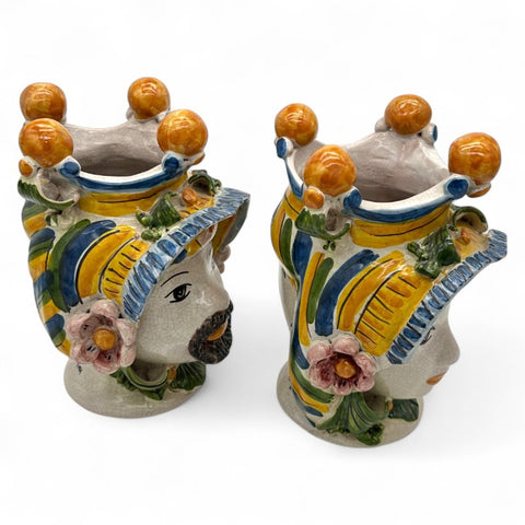Coppia Teste di Moro in Ceramica Siciliana – Giallo e Blu H. 27 cm