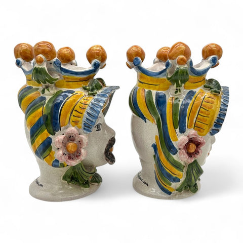Coppia Teste di Moro in Ceramica Siciliana – Giallo e Blu H. 27 cm