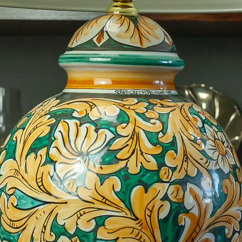 SICILIAN CERAMIC LIGHT CALTAGIRONE ORNATE GREEN H. 55 CM