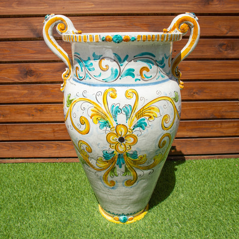 ANTIQUE YELLOW CALTAGIRONE SICILIAN CERAMIC JAR 75 CM