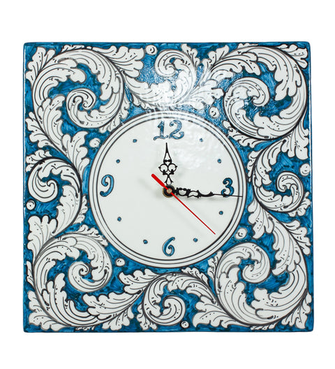 HORLOGE SICILIENNE CALTAGIRONE CERAMIQUE CARRE BLEU 30X30