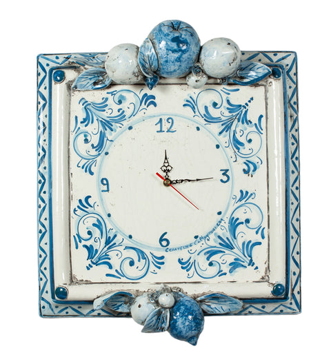 OROLOGIO IN CERAMICA SICILIANA DI CALTAGIRONE QUADRATO BLU FRUTTA