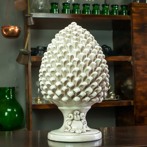 CALTAGIRONE SICILIAN CERAMIC PINE CONE ANTIQUE WHITE 40 CM