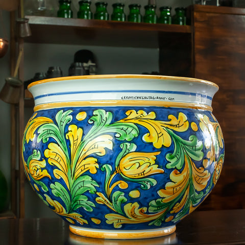 PORTE VASE CÉRAMIQUE CALTAGIRONE ORNÉ BLEU 40 CM