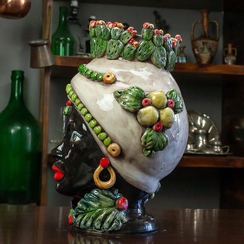 BROWN HEAD IN SICILIAN CERAMIC FROM CALTAGIRONE PRICKLY PEARS H. 32 CM