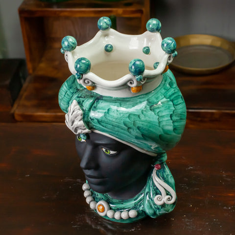 HEAD SICILIAN CERAMIC CALTAGIRONE GREEN EMERALD CM 35