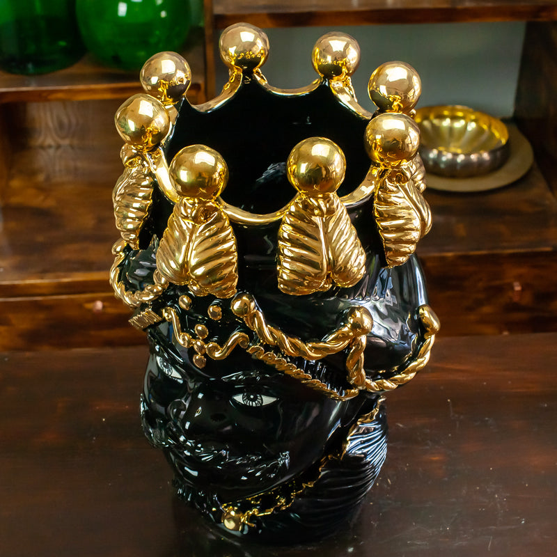 Teste Di Moro Ceramica Siciliana Caltagirone Nero e Oro 48 cm