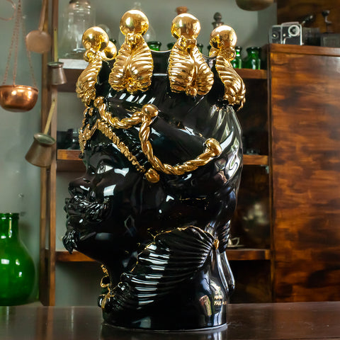 Moor Heads Sicilienne Céramique Caltagirone Noir et Or 48 cm