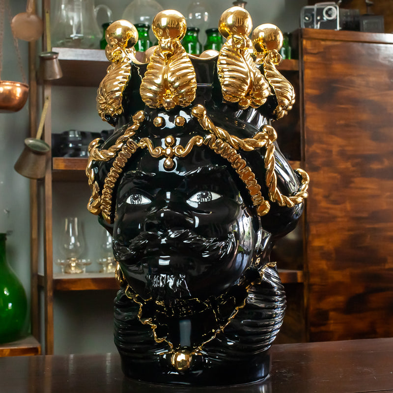 Teste Di Moro Ceramica Siciliana Caltagirone Nero e Oro 48 cm