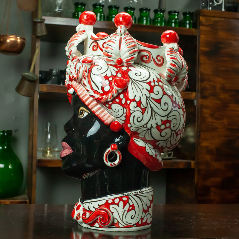 Testa Di Moro Siciliana In Ceramica Di Caltagirone - Vaso Artigianale Dipinto A Mano H 20 Cm - Foto 2