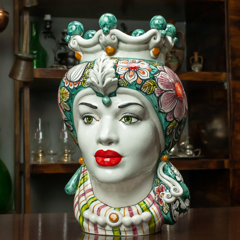 TESTA DI MORO CERAMICA SICILIANA CALTAGIRONE VERDE FIORE CM 35