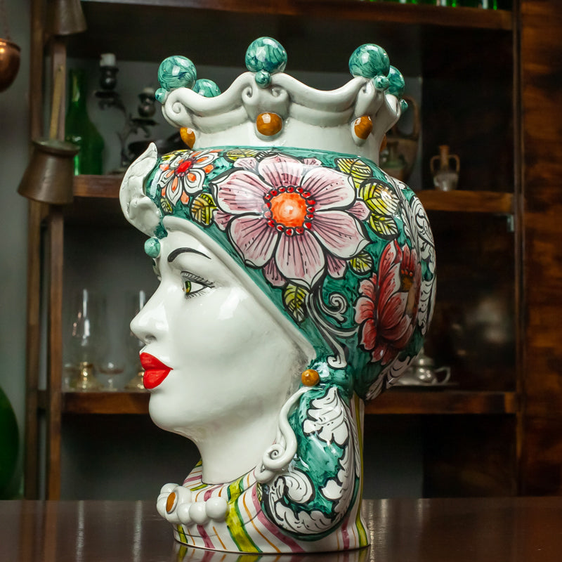 TESTA DI MORO CERAMICA SICILIANA CALTAGIRONE VERDE FIORE CM 35