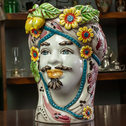 TESTE DI MORO IN CERAMICA SICILIANA DI CALTAGIRONE FRUTTA H. 28 CM