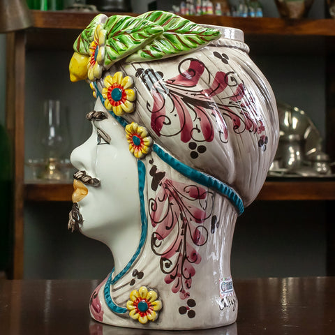 BROWN HEADS IN SICILIAN CERAMIC FROM CALTAGIRONE FRUIT H. 28 CM