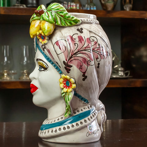 BROWN HEADS IN SICILIAN CERAMIC FROM CALTAGIRONE FRUIT H. 28 CM