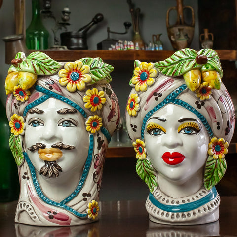 BROWN HEADS IN SICILIAN CERAMIC FROM CALTAGIRONE FRUIT H. 28 CM