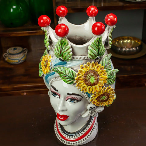 TESTE DI MORO IN CERAMICA SICILIANA DI CALTAGIRONE GIRASOLI H. 45 CM