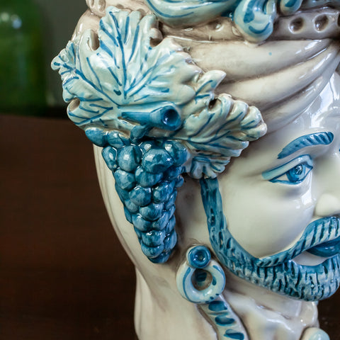 BROWN HEADS IN ANTIQUE BLUE CALTAGIRONE CERAMIC H. 28 CM