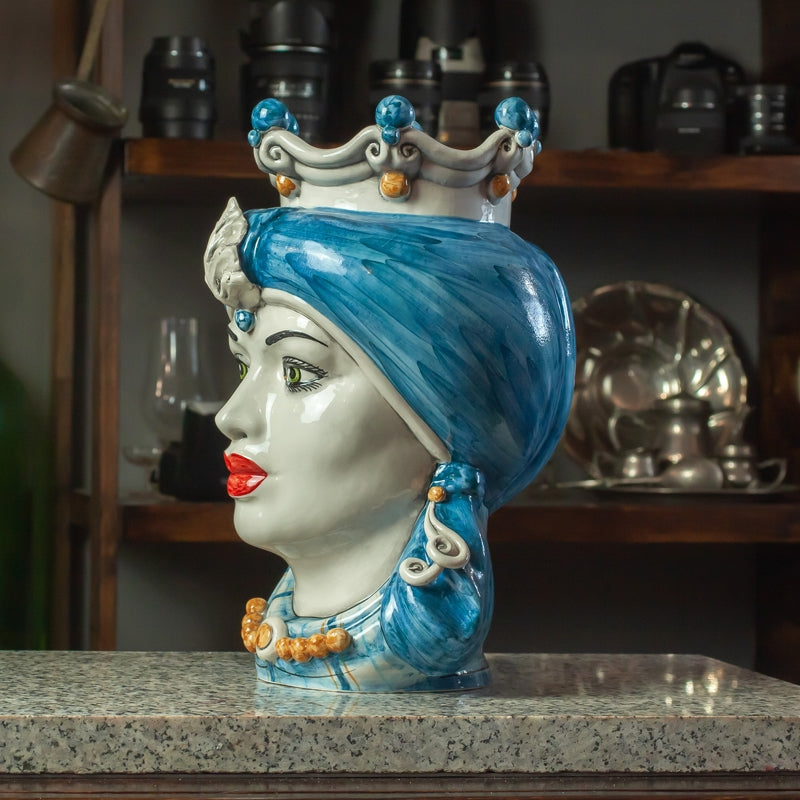 DUNKELBRAUN SIZILIANISCHE KERAMIK CALTAGIRONE BLAU TURBAN 35 CM