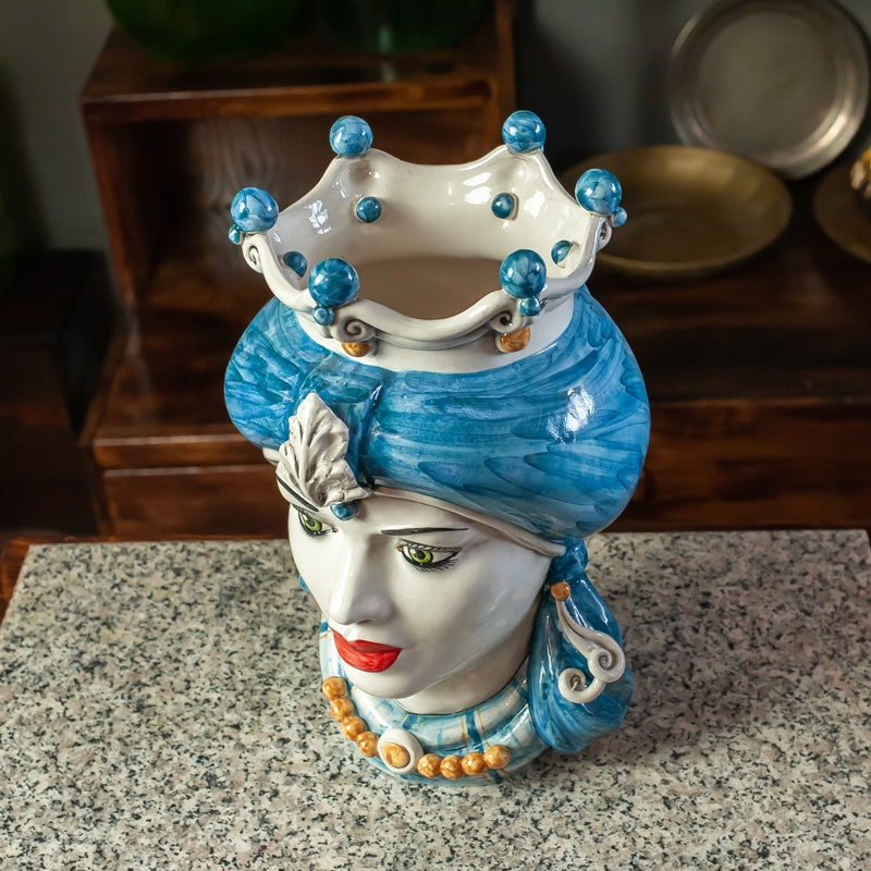 DUNKELBRAUN SIZILIANISCHE KERAMIK CALTAGIRONE BLAU TURBAN 35 CM
