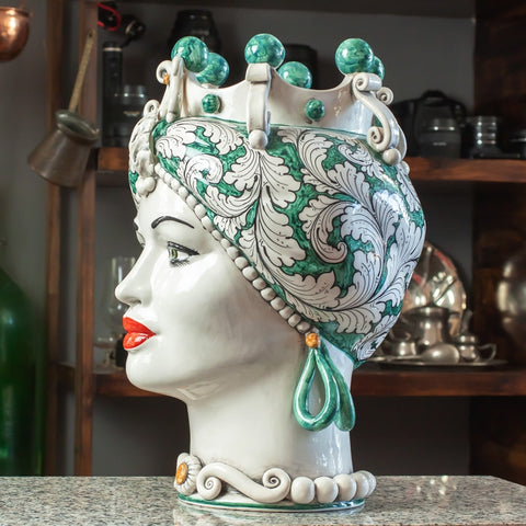 CALTAGIRONE CÉRAMIQUE SICILIENNE BRUN FONCÉ FEMME VERTE CM 42