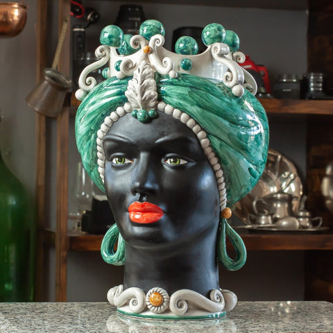 CÉRAMIQUE SICILIENNE BRUN FONCÉ CALTAGIRONE VERT ÉMERAUDE CM 42