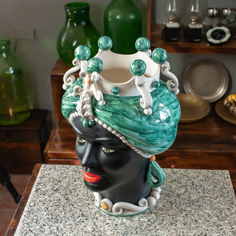 CÉRAMIQUE SICILIENNE BRUN FONCÉ CALTAGIRONE VERT ÉMERAUDE CM 42