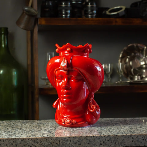 CABEZA DE CERÁMICA SICILIA CALTAGIRONE ROJA CON TURBANTE CM 23