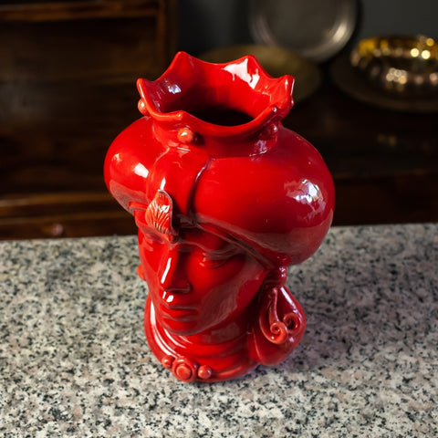 CABEZA DE CERÁMICA SICILIA CALTAGIRONE ROJA CON TURBANTE CM 23