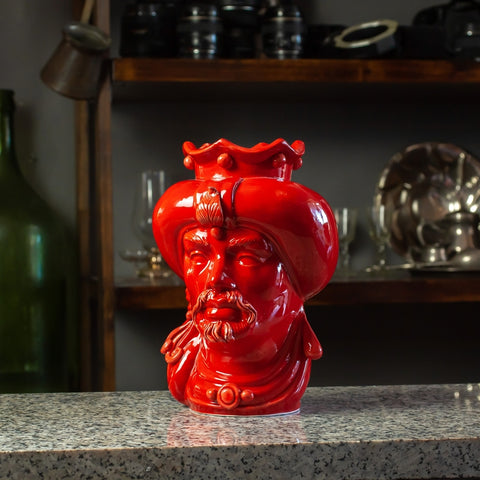 CABEZA DE CERÁMICA SICILIA CALTAGIRONE ROJA CON TURBANTE CM 23